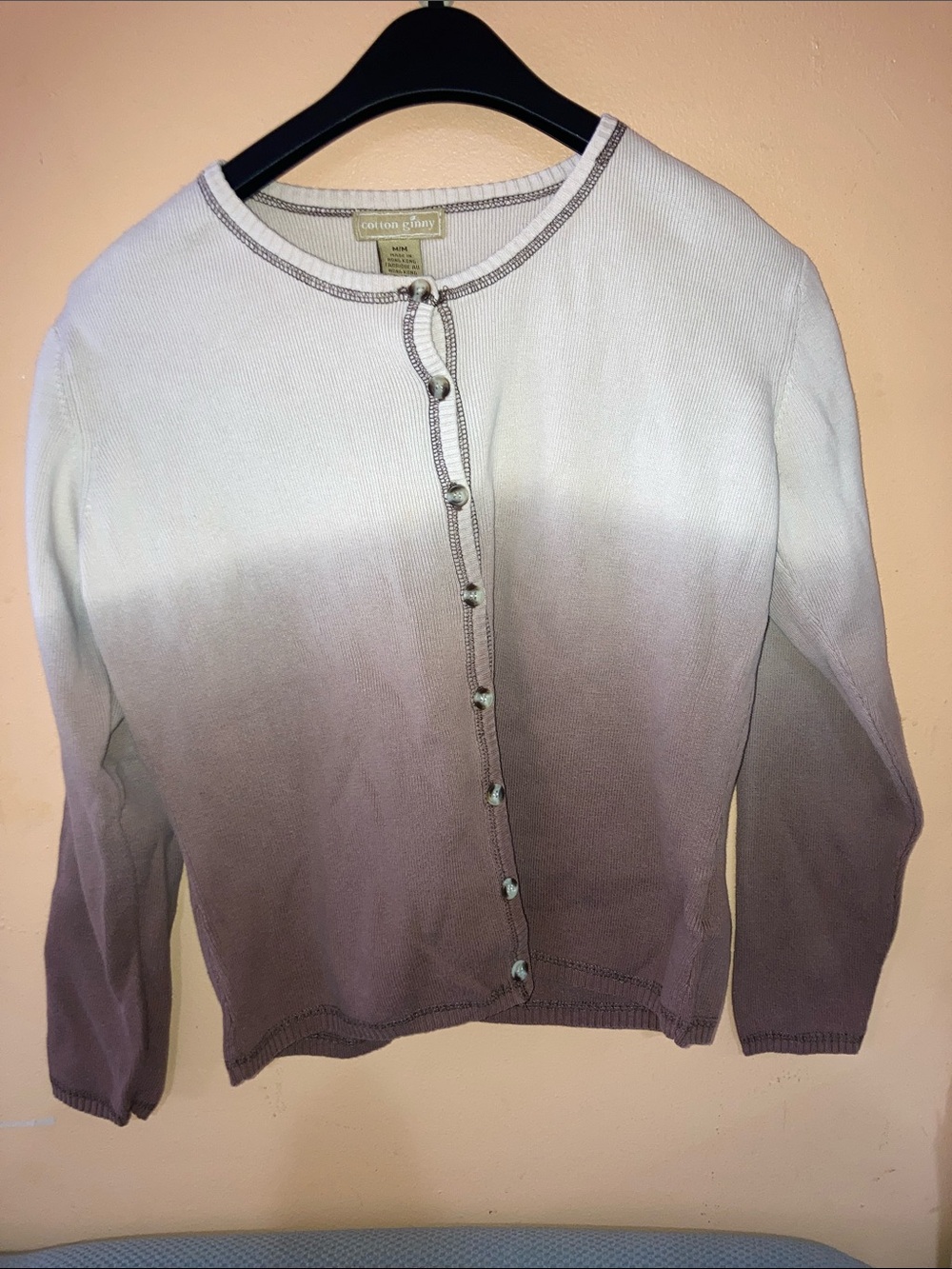 Cotton Pique Ombre Crewneck Cardigan in Lavender and White